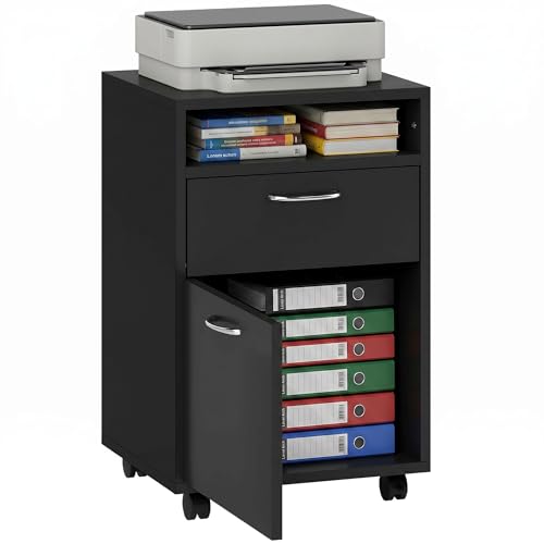 HOMCOM Mobile Storage Cabinet Organizer, Bathroom Drawer Cabinet, Black | Printer Stand, Castors - color: Black