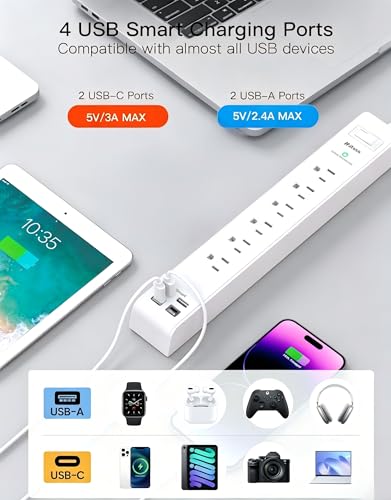 Mifaso 2 Pack Power Strip, 15FT Long Extension Cord, 1080J Surge Protector - size: 15FT, style: Braided Cord & Right Angle Plug