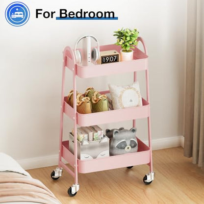 DUMOS 3 Tiers Rolling Cart, Utility Cart, Metal, Pink | Mobile Storage, Lockable Wheels, Utility Shelving Unit, Kitchen, Bathroom, Laundry, Narrow Places - color: 3 Tiers Pink