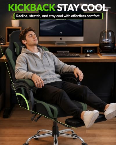 Dowinx Ergonomic Gaming Chair with Footrest & Massage Lumbar, 2D-Linkage Armrests for Computer Chair 330lbs with Headrest Pillow for Office, Home, Streaming and Long Gaming Sessions, Fabric Dark Green - color: Dark Green