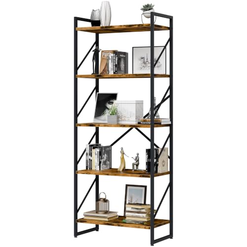 Vongrasig 5 Tier Metal Bookshelf, Narrow Industrial Bookcase, Walnut - color: Walnut