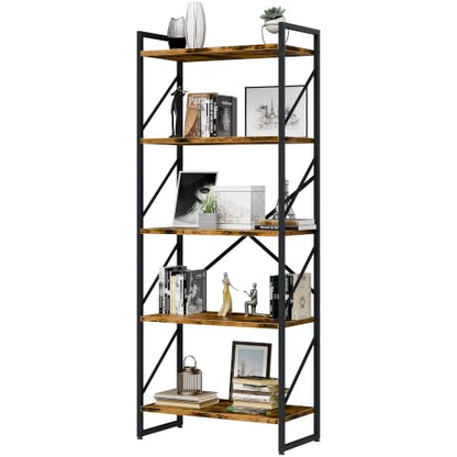 Vongrasig 5 Tier Metal Bookshelf, Narrow Industrial Bookcase, Walnut - color: Walnut