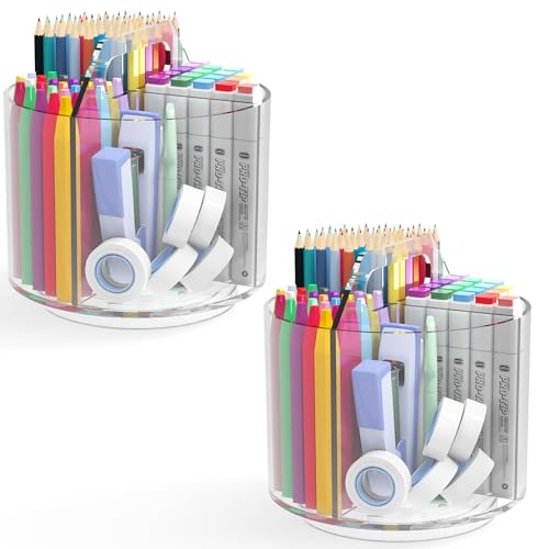 2 Pack Pen Pencil Holder for Kids, Rotating Pen Holder for Desk Organizer, 4 Compartments Art Supply Marker Organizer and Storage, Kids Desk Organizer Marker Holder Caddy Art Supply Organizer for Desk - color: Clear - Medium - 2 Pack - With Handle