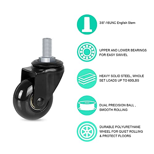 Hirate 2 inch Office Chair Casters Wheel with 3/8"-16UNC Threaded Stem | Set of 5 with Nylon Nuts, Heavy Duty, Desk Gaming Chair Caster Replacement, Smooth & Quiet Rolling for Hardwood Floors - size: 2 inch