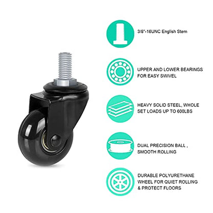 Hirate 2 inch Office Chair Casters Wheel with 3/8"-16UNC Threaded Stem | Set of 5 with Nylon Nuts, Heavy Duty, Desk Gaming Chair Caster Replacement, Smooth & Quiet Rolling for Hardwood Floors - size: 2 inch