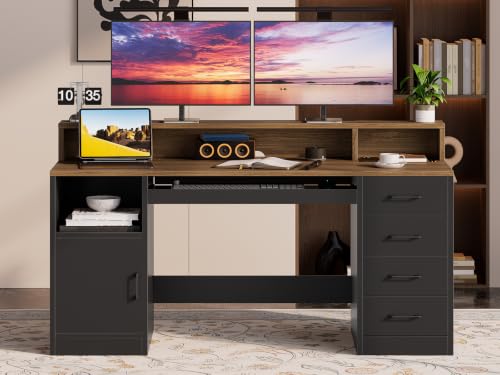 RALGEND 55" Office Desk with Drawers, Farmhouse Executive Desk with Drawers - color: Black, Walnut