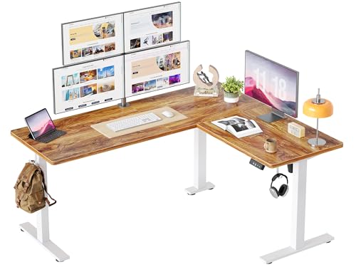 TIQLAB Standing Desk L Shaped, 63x55 Inch Adjustable Height, Electric Stand Up Desk, Corner Sit Stand Desk with Splice Board, Light Rustic Brown - color: Light Rustic Brown, size: 63*55 inch with splice board