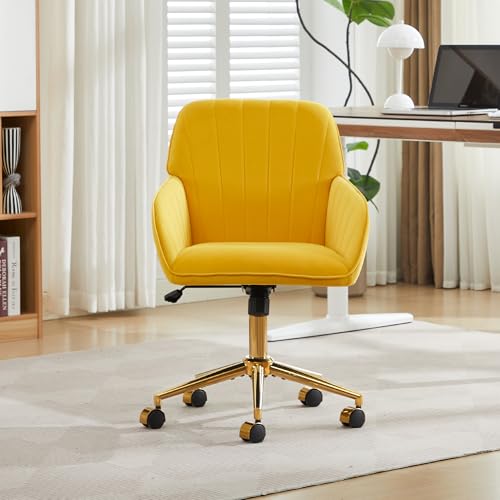 YITAI Velvet Office Desk Chair with Wheels and Gold Base,Modern Height Adjustable 360 Degree Swivel Upholstered Vanity Chairs with Arms for Living Room Bedroom, Study,Yellow - color: Gold Yellow