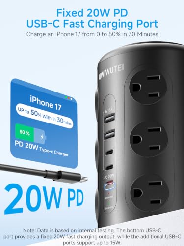 15FT Tower Power Strip with Dedicated 20W PD USB-C Port - color: Black, size: 15FT