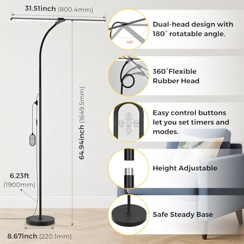 LED Floor Lamp 20W 1400LM Adjustable Neck, Bright Color Changing Light - color: Black