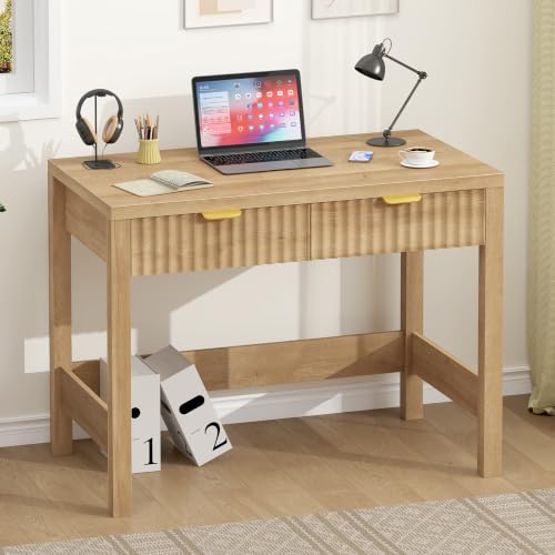32 Inch Small Fluted Computer Desk with 2 Drawers for Bedroom, Home Office - color: Oak, size: 32 Inch Desk