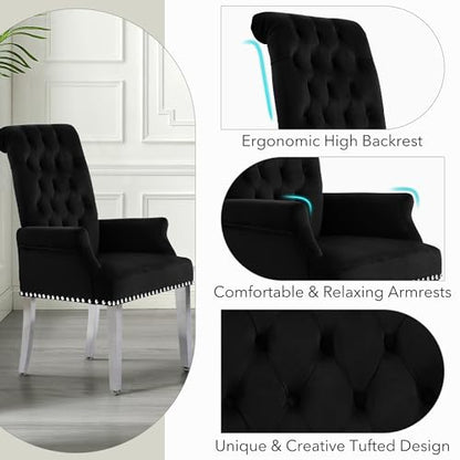 LOULENS Velvet Dining Chairs Set of 4, Dining Chairs with Arms, Black | Upholstered, High Back, Tufted, Luxurious, Stainless Steel Leg, for Kitchen & Dining Room - color: Black, size: 4 PCS