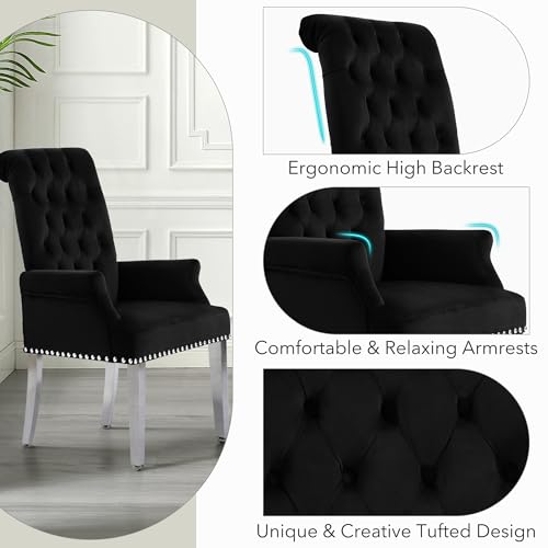 LOULENS Velvet Dining Chairs Set of 2, Dining Chairs with Arms, Black | Upholstered, High Back, Tufted, Luxurious, Stainless Steel Leg, for Kitchen & Dining Room - color: Black, size: 2 PCS