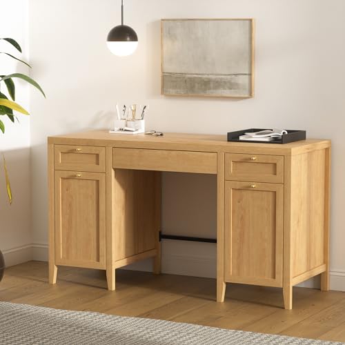 52" Executive Desk with Storage Drawers, Farmhouse Home Office Desk with 2 Storage Cabinets Wood Computer Writing Desk for Study Office, Natural Oak - color: Natural Oak, size: 20.1"D x 52.2"W x 29.5"H
