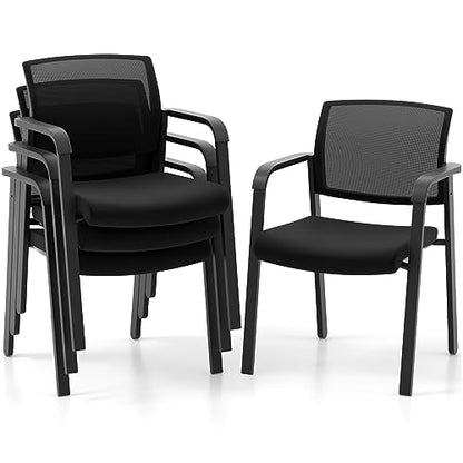 COSTWAY Stackable Office Guest Chairs Set of 4 with Armrests, No Wheels | Conference Room Chairs with Mesh Backrest and Upholstered Seat, Ergonomic Waiting Room Chairs for Office Home Reception Area - size: 4 Pack, style: No Wheels