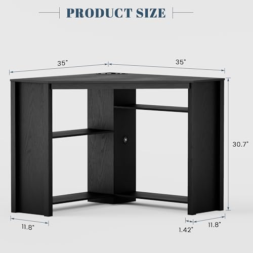 Corner Desk for Small Space with Charging Station & LED Light Black | Smart Triangle Gaming Computer Desk for Home Office, Space Saving Storage Shelves, CPU Stand - color: Black