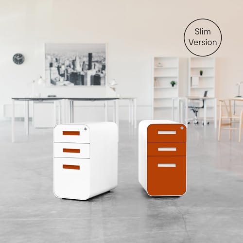 Laura Davidson Furniture Stockpile Slim 3-Drawer Mobile File Cabinet with Lock - Under Desk Metal Filing Cabinet, Legal/Letter File Folders, Wheels and Stationary Feet, Pre-Assembled, Orange Faceplate - color: Orange Faceplate
