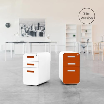 Laura Davidson Furniture Stockpile Slim 3-Drawer Mobile File Cabinet with Lock - Under Desk Metal Filing Cabinet, Legal/Letter File Folders, Wheels and Stationary Feet, Pre-Assembled, Orange Faceplate - color: Orange Faceplate