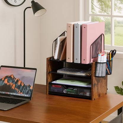 4-Tier Desk Organizer with Drawer, Wooden Mesh File Organizer with 5 Vertical Sorters & 2 Pen Holders, Multi-Functional Desktop Organizer for Home, Office & School
