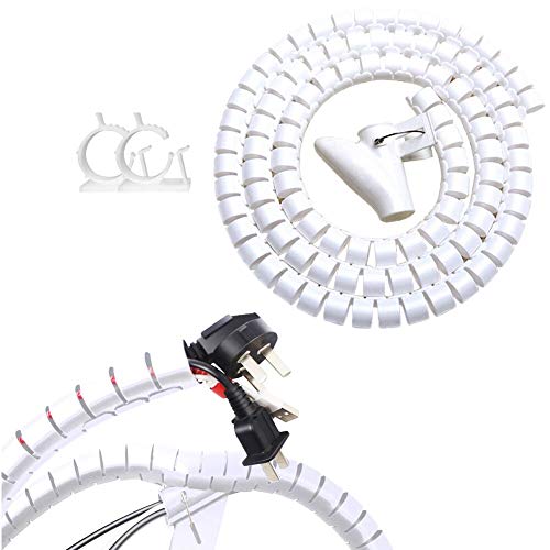 White Cable Wire Cover Cord Management Sleeve Electrical Wire Organizer Holder, VIWIEU Reusable & Expandable Desktop Spiral Tube Wire Hider with Cable Clips for TV Computer Home Entertainment - color: White, size: 7/8"-5ft WH 01A