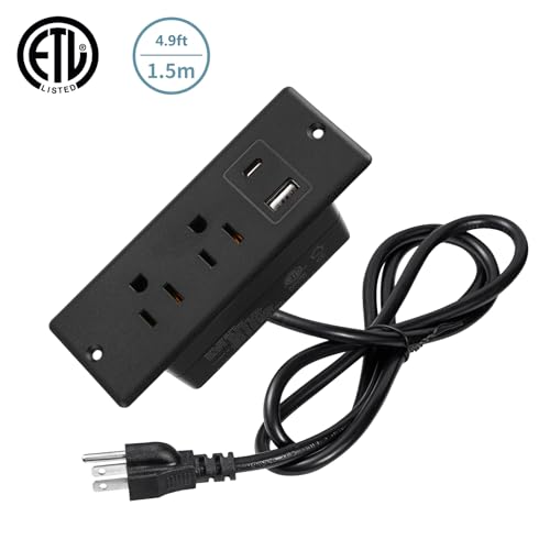 Recessed Power Strip with USB-C and USB-A, 2 AC Outlets, in-Desk Flush Mount Power Strip, 125V 12A 1500W, for Desk Countertop Kitchen Island (Black, 4.9FT) - size: 4.9FT, style: 12W