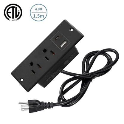Recessed Power Strip with USB-C and USB-A, 2 AC Outlets, in-Desk Flush Mount Power Strip, 125V 12A 1500W, for Desk Countertop Kitchen Island (Black, 4.9FT) - size: 4.9FT, style: 12W