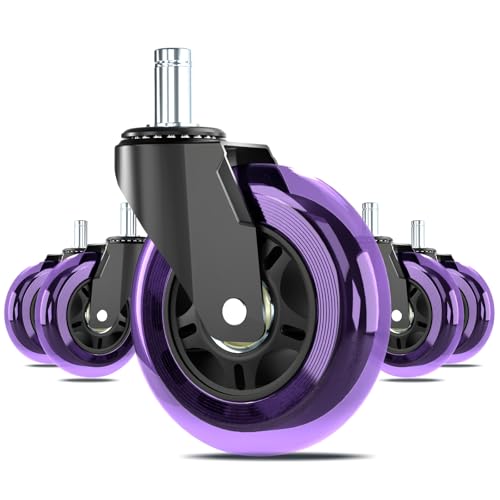 Office Chair Wheels Replacement,3" Rubber Casters 7/16" (11×22mm) Stem,Universal fit for Most Rolling/Gaming Chairs,Floor Protection for Carpet/Hardwood/Tile,Smooth&Quiet Rolling,Set of 5 (Purple) - color: Purple, size: 11mm-Fit Most