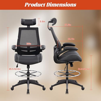 BOLISS Leather Drafting Chair Ergonomic Tall Office Chair - color: Black Leather Mesh Back, size: BLS-2818HD