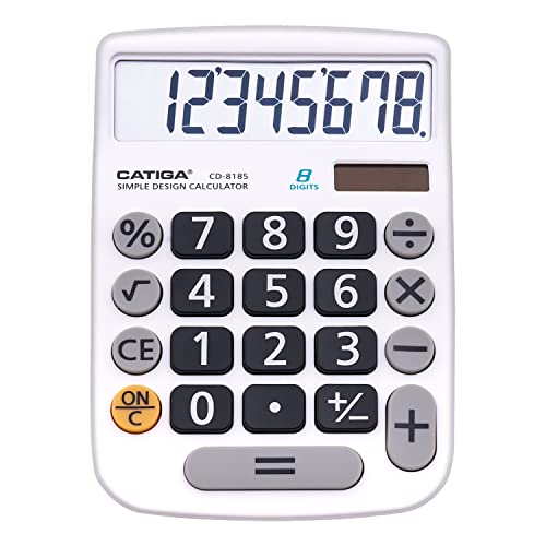 CATIGA Desktop Calculator 8 Digit with Solar Power and Easy to Read LCD Display, Big Buttons, for Home, Office, School, Class and Business, 4 Function Small Basic Calculators for Desk, CD-8185 - color: White