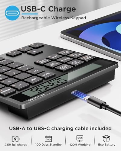 JOYEKY Wireless Number Pad Bluetooth Numeric Keypad for Laptop | Number Pad for Laptop,USB-C Rechargeable,34-Keys Bluetooth Numeric Keypad - size: L329