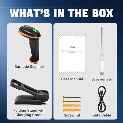 Tera Barcode Scanner with Folding Stand: 1D 2D QR Wireless Reader, D5100-CR | Charging Cradle, 2.4G Wireless, USB Wired, Wall Mountable, Adjustable Angle, IP54, Vibration Alert, Warehouse Retail School - color: Black