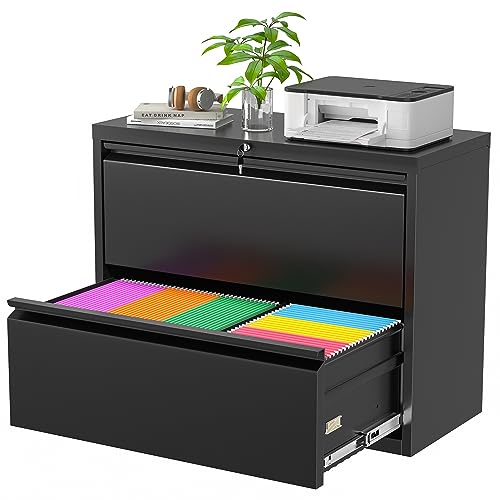 Superday Lateral File Cabinet, 2 Drawer File Cabinet with Lock, Black Filing Cabinets with Lock, Metal Filing Cabinets for Home Office/Legal/Letter/A4, Home Office Furniture for Hanging File