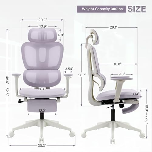 Ergonomic Office Chair with Retractable Footrest, Purple | High Back Design, Dynamic Lumbar Support, 2D Headrest & 2D Armrests, Breathable Mesh Back for Home Office - color: Purple