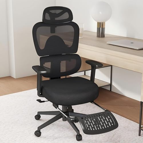 Ergonomic Office Chair with Footrest – Adjustable Lumbar Support, 3D Armrests & Headrest, Wide-Seat High-Back Mesh Computer Chair with Casters, Suitable for Home & Office, Black - style: with Footrest