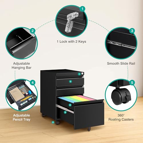 3 Drawer File Cabinet with Lock,Under Desk File Cabinet with Wheels,Black Rolling Filing Cabinets,Three Drawer Metal Filing Cabinet for Home Office,Fit A4/Letter/Legal File,- Assembly Required - color: Black, style: Assembly Required