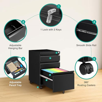 3 Drawer File Cabinet with Lock,Under Desk File Cabinet with Wheels,Black Rolling Filing Cabinets,Three Drawer Metal Filing Cabinet for Home Office,Fit A4/Letter/Legal File,- Assembly Required - color: Black, style: Assembly Required