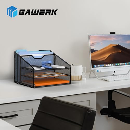 GAWERK Letter Tray Organizer, Mesh Desk File Organizer with 3 Paper Trays and 2 Vertical Upright Section (Gold) - color: Gold
