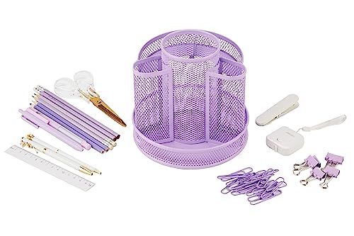 Annova Mesh Desk Organizer Rotate with 5 Compartments Round Spinning Tidy Candy/Pen Holder Desk Accessories Office, Art Supply, Storage, Classroom, Home (Light Purple) - color: Light Purple