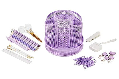 Annova Mesh Desk Organizer Rotate with 5 Compartments Round Spinning Tidy Candy/Pen Holder Desk Accessories Office, Art Supply, Storage, Classroom, Home (Light Purple) - color: Light Purple