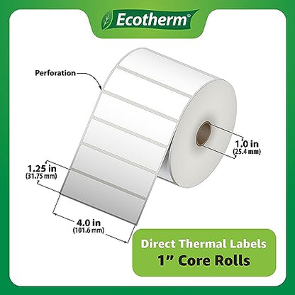 4" x 1.25" Thermal Labels | 6 Rolls | 12600 Labels | fits Zebra, Munbyn, Rollo, Godex, Arkscan, iDPRT, Offnova Thermal Label Printers and More | Blank White Adhesive Stickers by Ecotherm - size: 4 x 1.25 - 12600 Labels