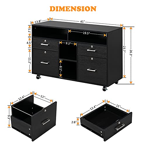 VINGLI Wood Mobile File Cabinet with 4 Drawers and Shelves, Printer Stand with Open Storage, Locking Lateral Filing Cabinet for Home Office, Black - color: Black