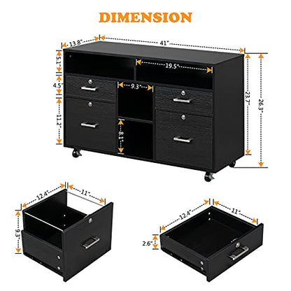 VINGLI Wood Mobile File Cabinet with 4 Drawers and Shelves, Printer Stand with Open Storage, Locking Lateral Filing Cabinet for Home Office, Black - color: Black