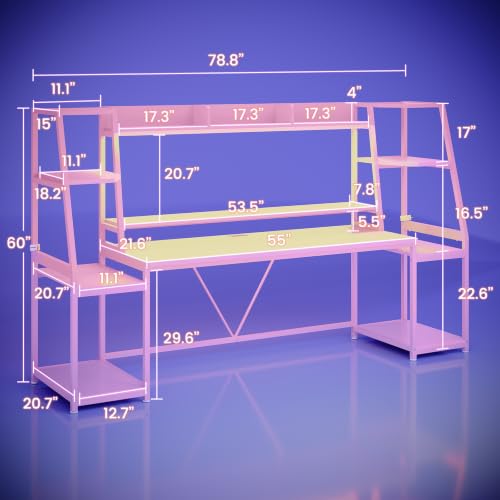SEDETA 79'' Gaming Desk with LED Lights, Hutch and Storage Shelves, Pink - color: Pink, size: 78.8 inches