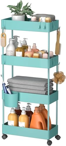 Pipishell Slim Storage Cart with Wheels, 4 Tier Bathroom Storage Organizer Rolling Utility Cart for Bathroom Kitchen Laundry Room Office Narrow Place (Turquoise) - color: Turquoise, size: 4-Tier