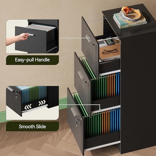 DEVAISE 3 Drawer Wood File Cabinet with Lock, Printer Stand, Black - color: Black