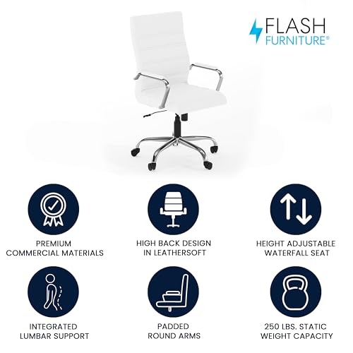 Flash Furniture Whitney High-Back Swivel LeatherSoft Desk Chair with Padded Seat and Armrests, Adjustable Height Padded Office Chair, White/Chrome | 360° Swivel, Height Adjustable, Commercial Grade - color: White Leathersoft/Chrome Frame