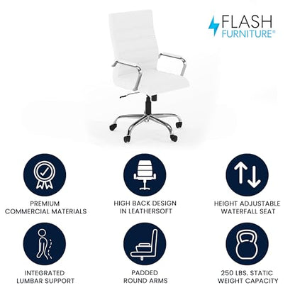Flash Furniture Whitney High-Back Swivel LeatherSoft Desk Chair with Padded Seat and Armrests, Adjustable Height Padded Office Chair, White/Chrome | 360° Swivel, Height Adjustable, Commercial Grade - color: White Leathersoft/Chrome Frame