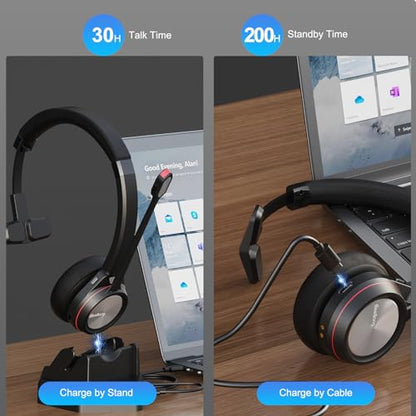 Bluetooth Headset with Microphone & Mute Button, 30 Hrs Working Time, Mono Noise Cancelling for PC Laptop Teams Zooms Work Business Meeting