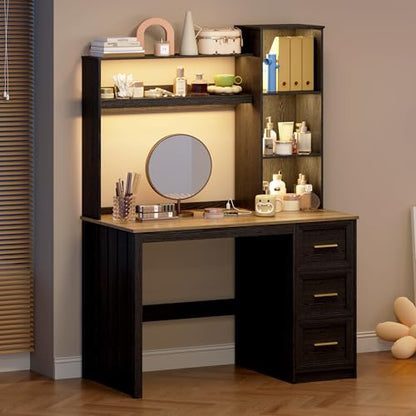 40” Home Office Desk with Hutch and Drawers, Black | Modern Computer Desk with Adjustable LED Light and Charging Station, Storage Shelves, Writing Table for Bedroom Study Room - color: Black+brown