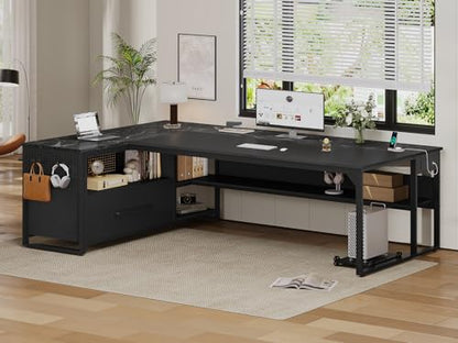 UPOSOJA 71" Executive Desk, L Shaped Office Desk with Widen File Drawers - color: Black, size: Widen Drawer